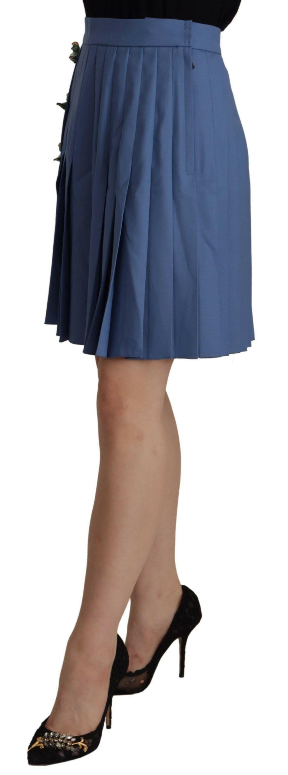 Dolce & Gabbana Blue Embellished Pleated Mini Skirt Wool - GENUINE AUTHENTIC BRAND LLC  