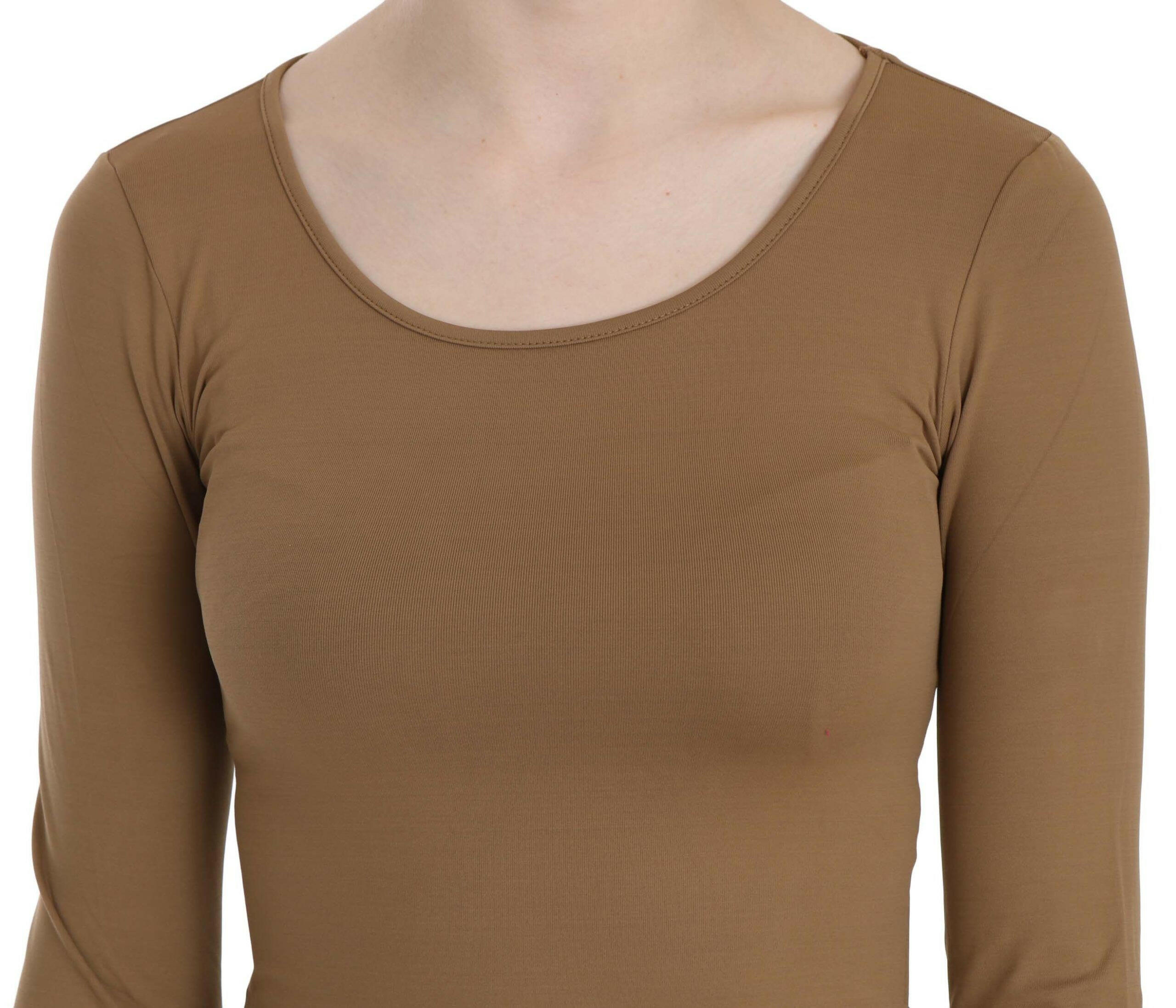 GF Ferre Brown Long Round Neck Sleeve Fitted Shirt Tops Blouse - GENUINE AUTHENTIC BRAND LLC  