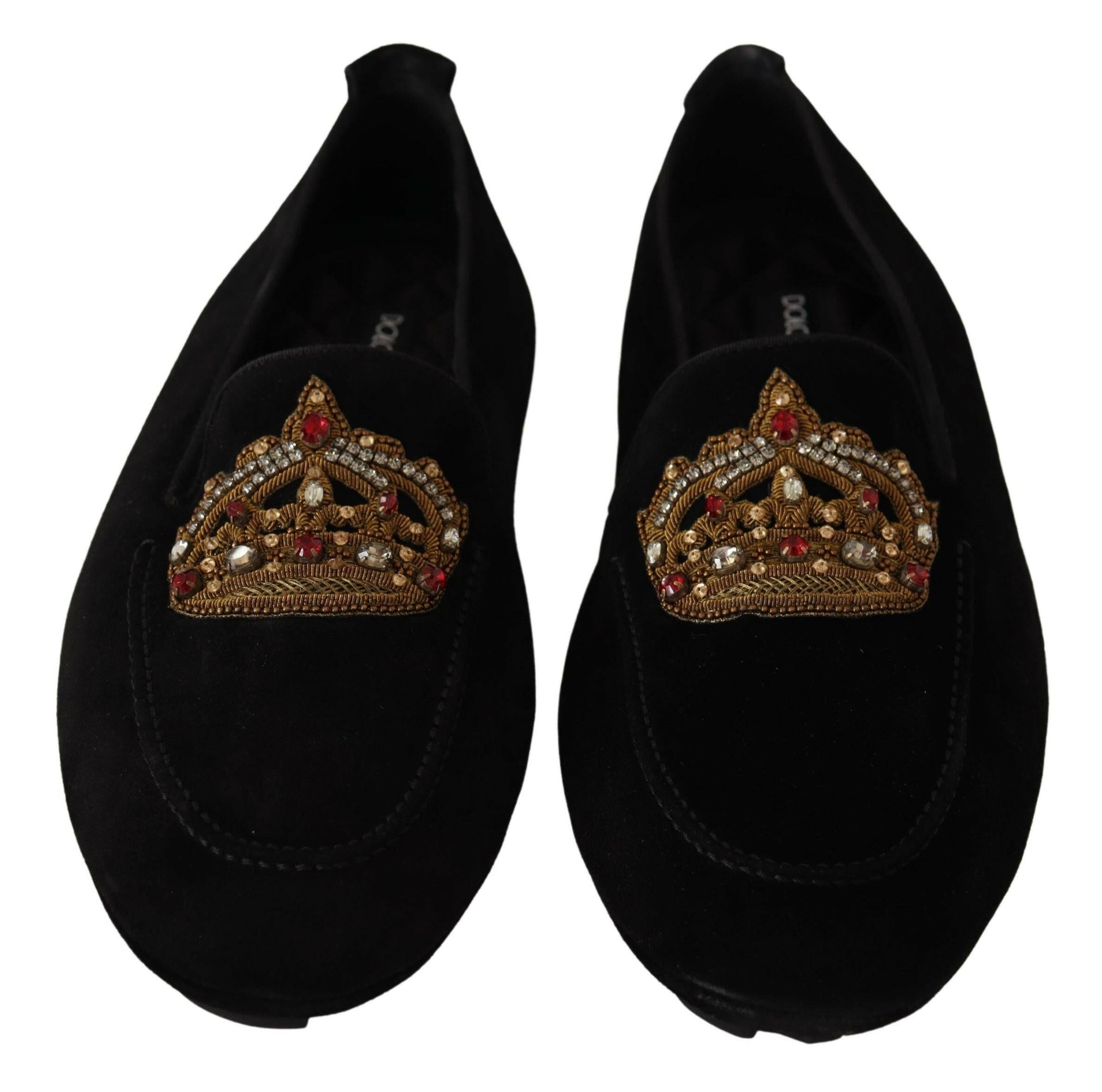 Dolce & Gabbana Black Leather Crystal Gold Crown Loafers Shoes - GENUINE AUTHENTIC BRAND LLC  