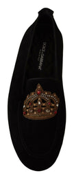 Dolce & Gabbana Black Leather Crystal Gold Crown Loafers Shoes - GENUINE AUTHENTIC BRAND LLC  