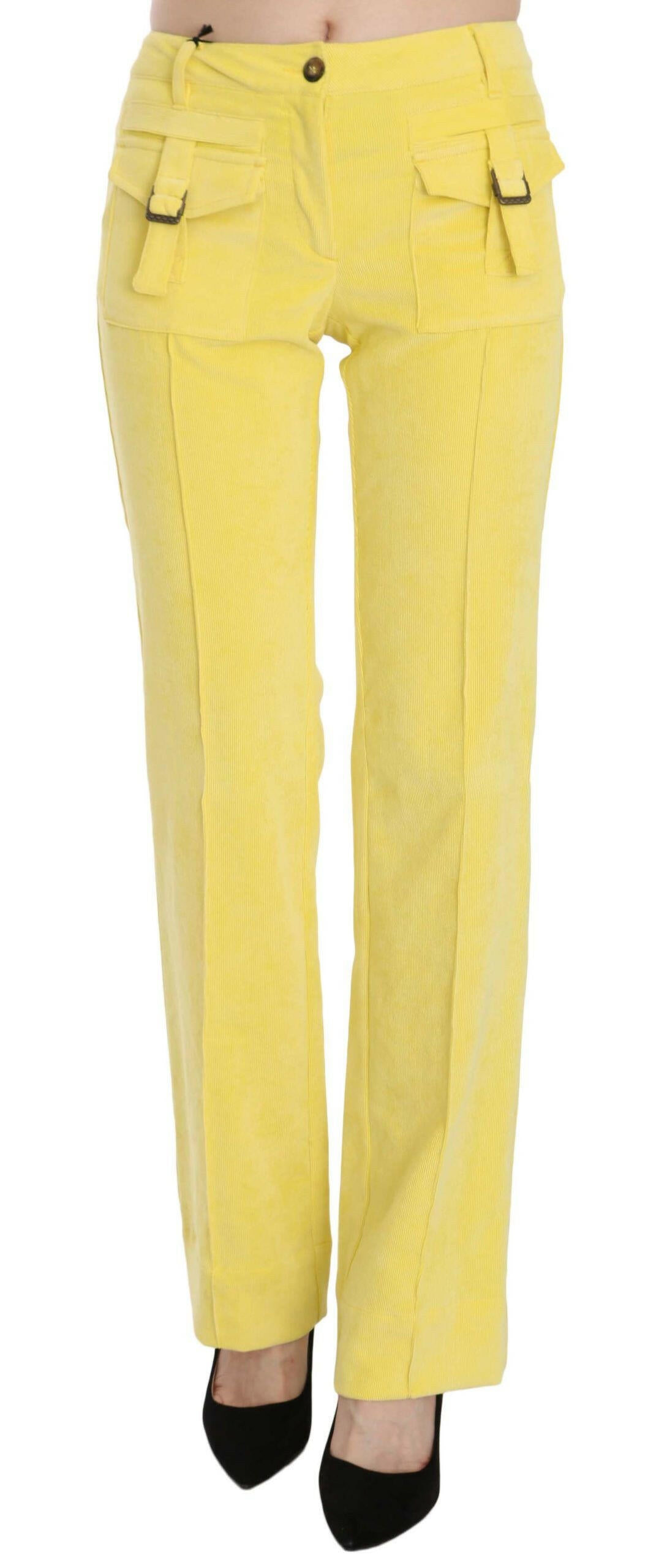 Just Cavalli Yellow Corduroy Mid Waist Straight Trousers Pants - GENUINE AUTHENTIC BRAND LLC  