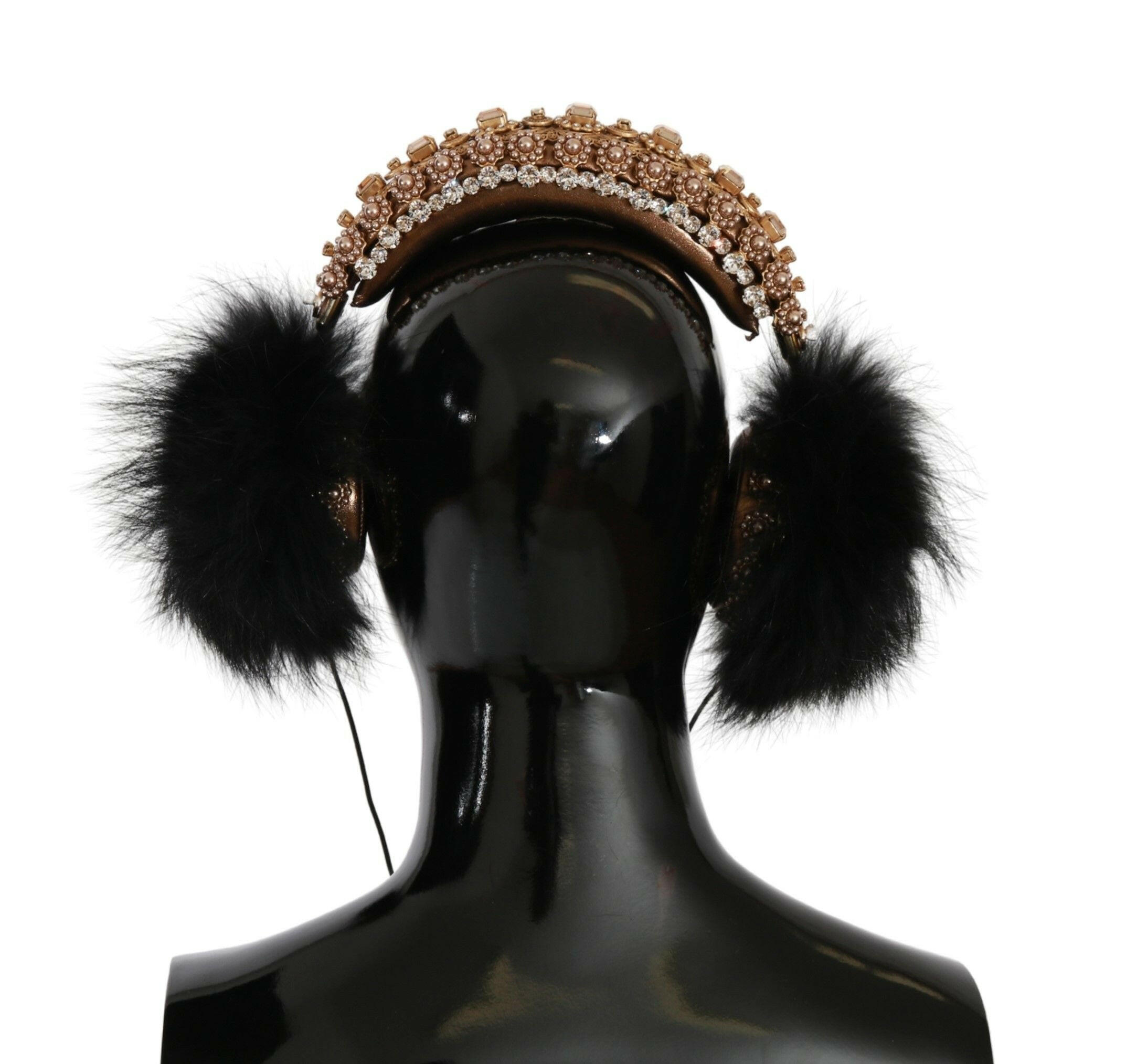 Dolce & Gabbana Gold Black Crystal Fur Headset Audio Headphones - GENUINE AUTHENTIC BRAND LLC  