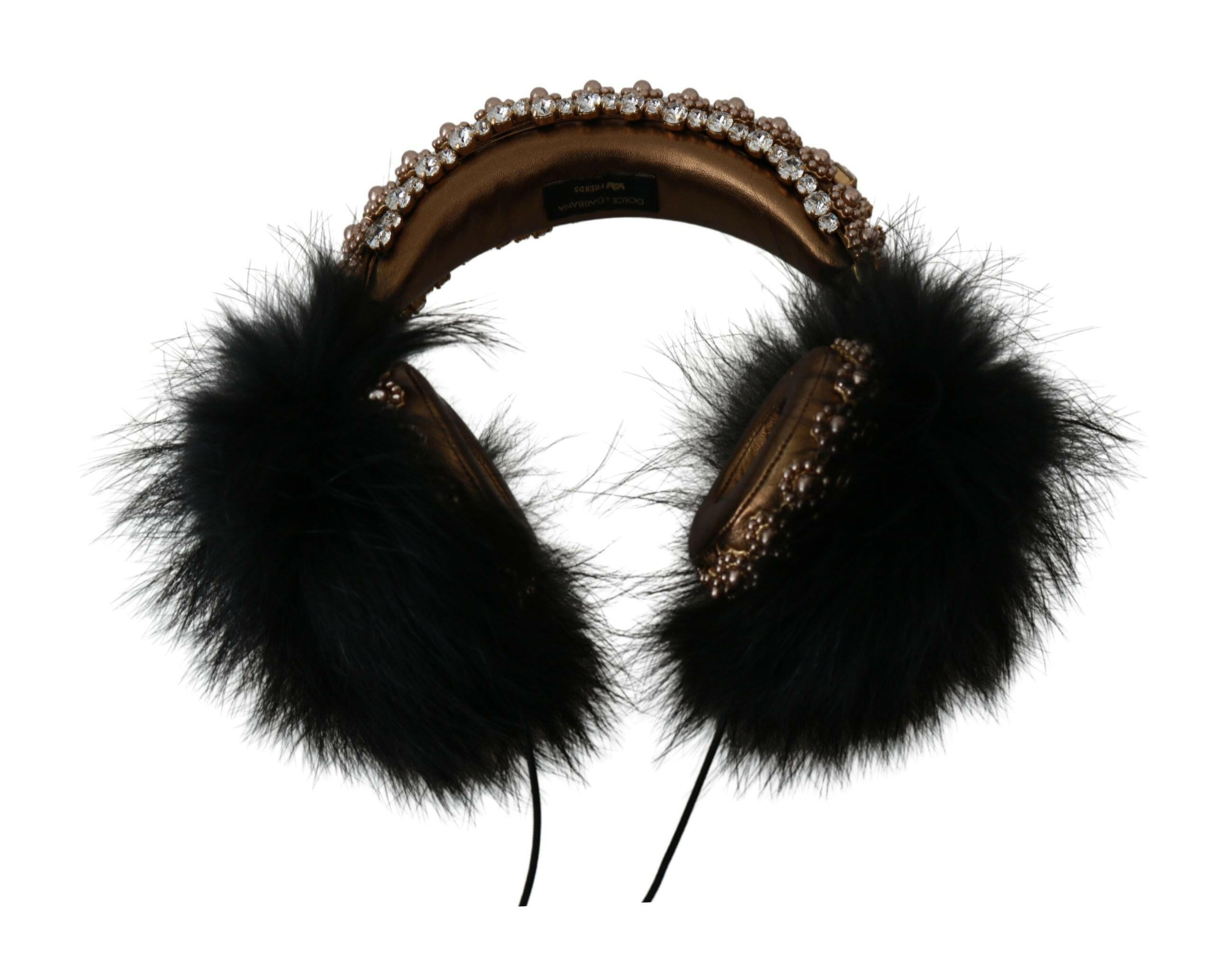 Dolce & Gabbana Gold Black Crystal Fur Headset Audio Headphones - GENUINE AUTHENTIC BRAND LLC  