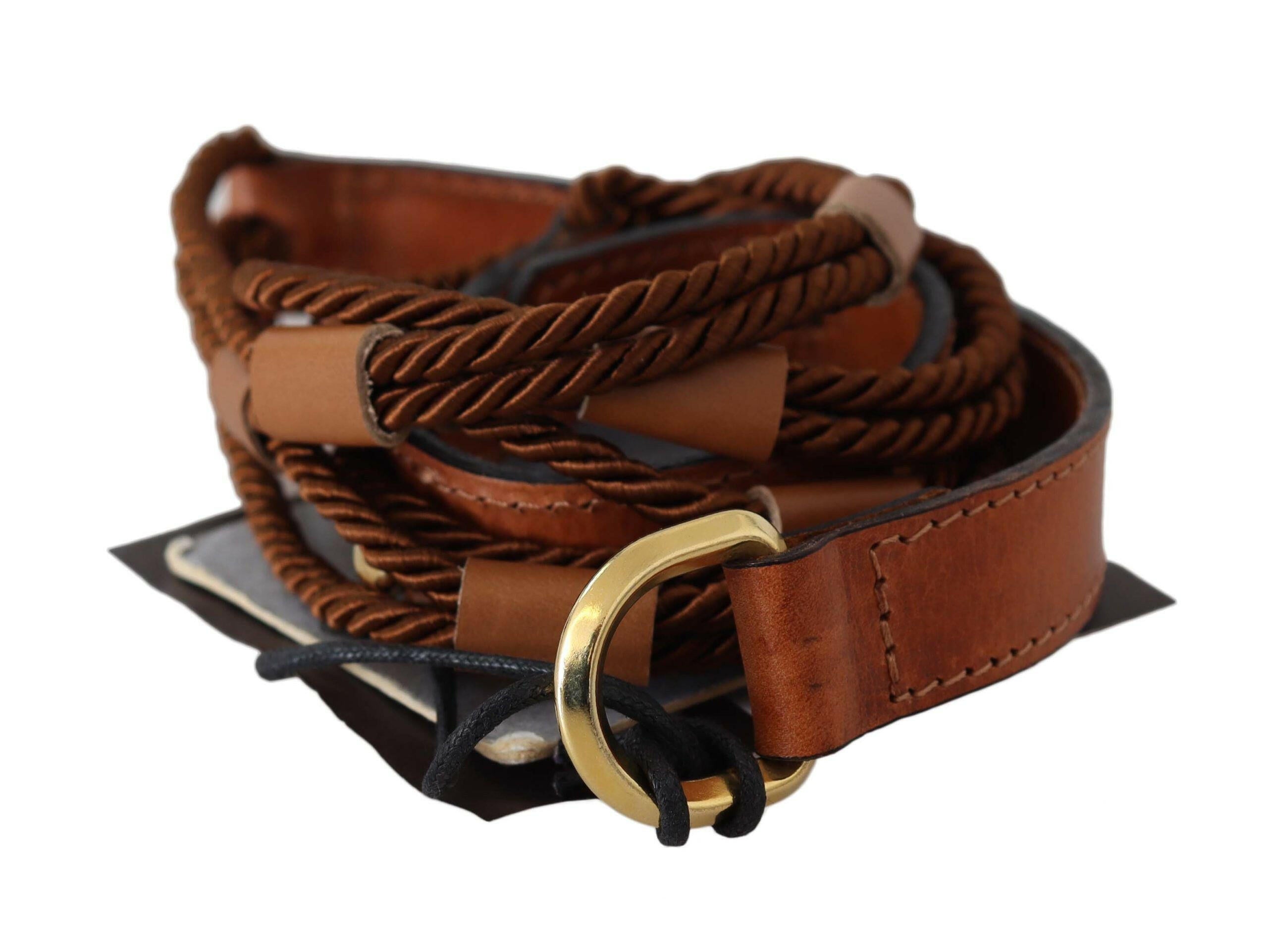 Scervino Street Brown Leather Braided Rope Gold Buckle  Belt - GENUINE AUTHENTIC BRAND LLC  