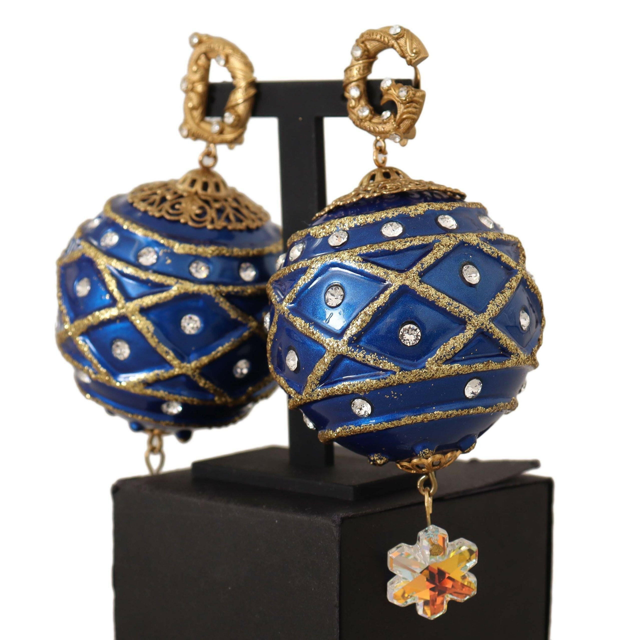 Dolce & Gabbana Gold Brass Blue Christmas Ball Crystal Clip On Earrings - GENUINE AUTHENTIC BRAND LLC  