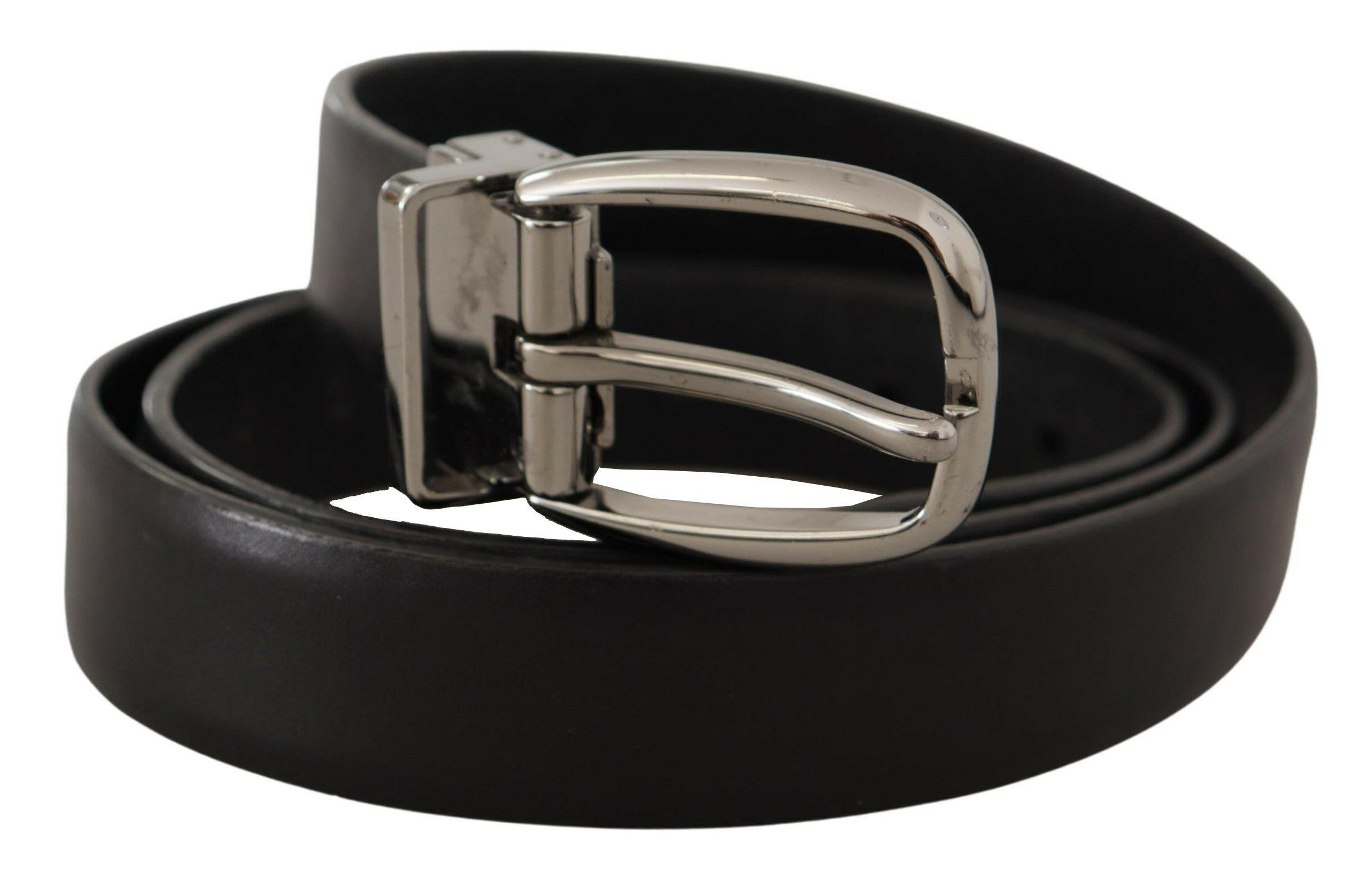Dolce & Gabbana Black Leather Chrome Logo Metal Buckle Belt - GENUINE AUTHENTIC BRAND LLC  