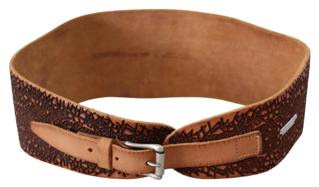 Scervino Street Brown Wide Leather Embroidered Design Logo Belt - GENUINE AUTHENTIC BRAND LLC  