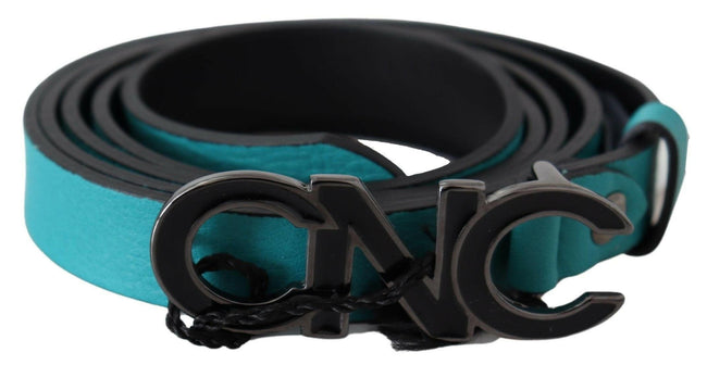 Costume National Blue Green Leather Logo Silver Buckle Belt - GENUINE AUTHENTIC BRAND LLC  