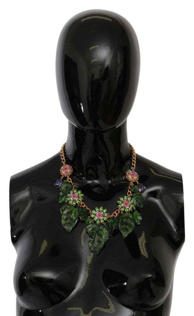 Dolce & Gabbana Floral Crystal Charm Gold Brass Statement Necklace - GENUINE AUTHENTIC BRAND LLC  