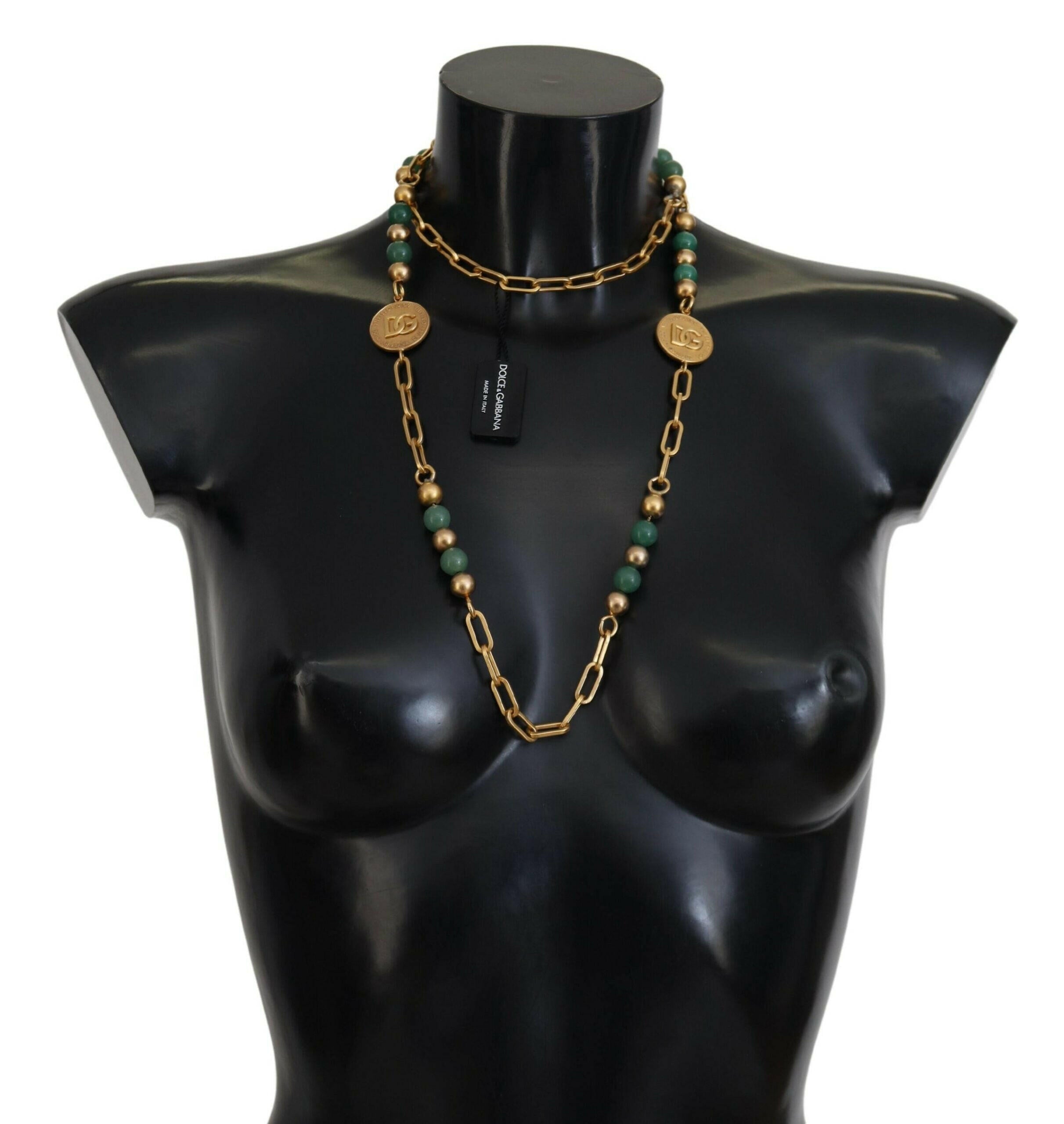 Dolce & Gabbana Gold Brass Natural Gem Beaded Logo Chain Necklace - GENUINE AUTHENTIC BRAND LLC  
