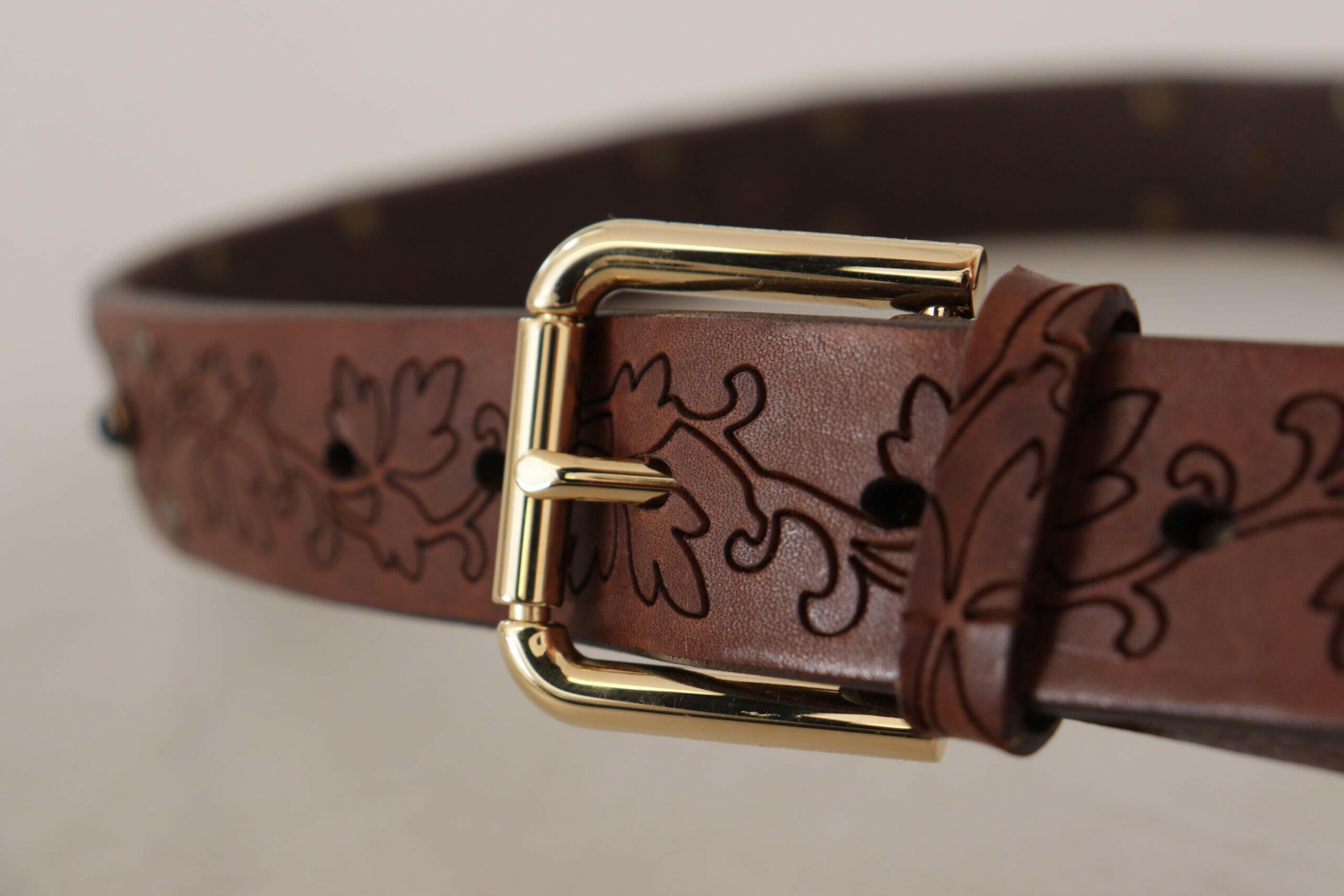 Dolce & Gabbana Brown Leather Floral Studded Metal Buckle Belt - GENUINE AUTHENTIC BRAND LLC  