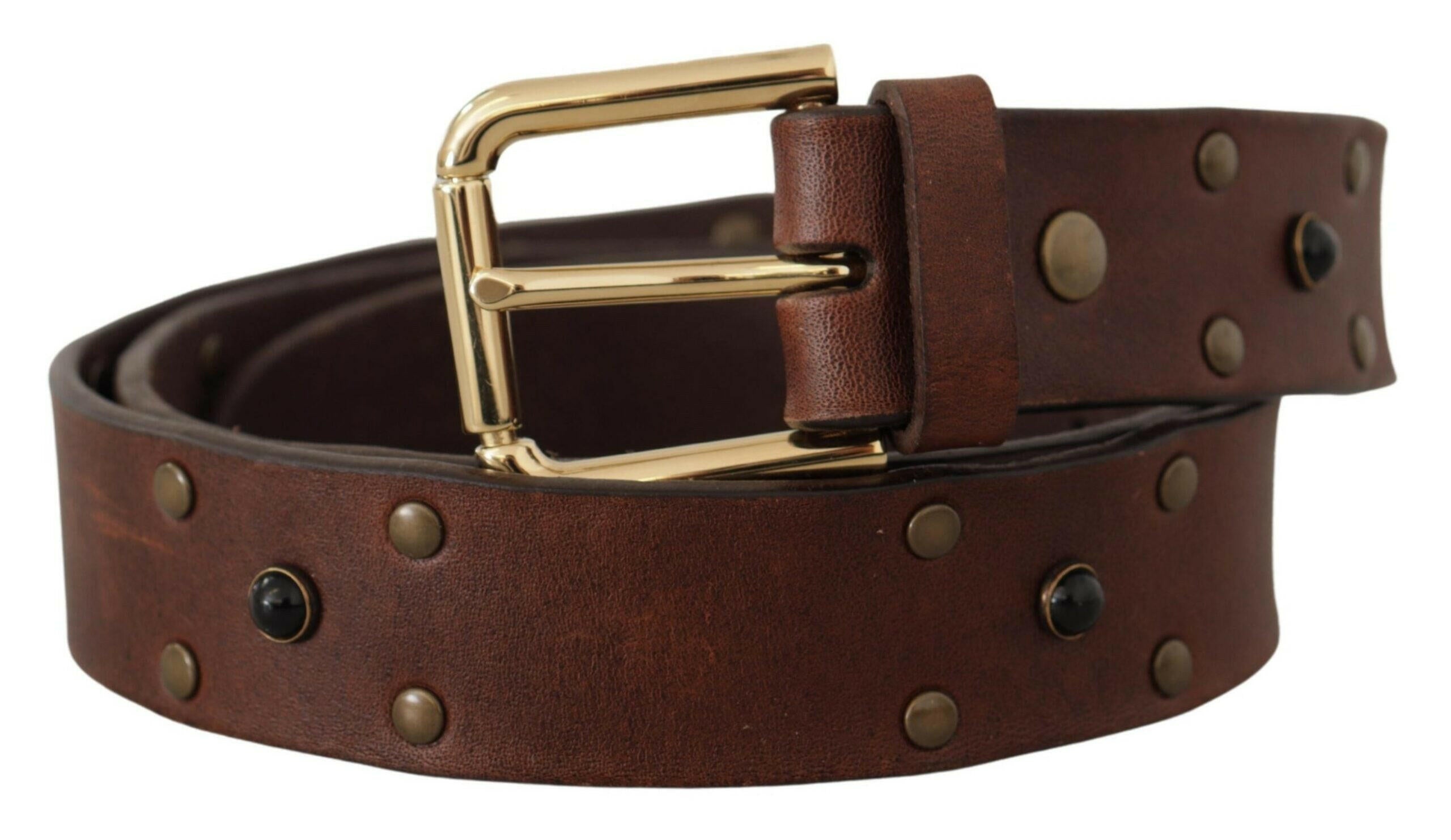 Dolce & Gabbana Brown Leather Studded Gold Tone Metal Buckle Belt - GENUINE AUTHENTIC BRAND LLC  