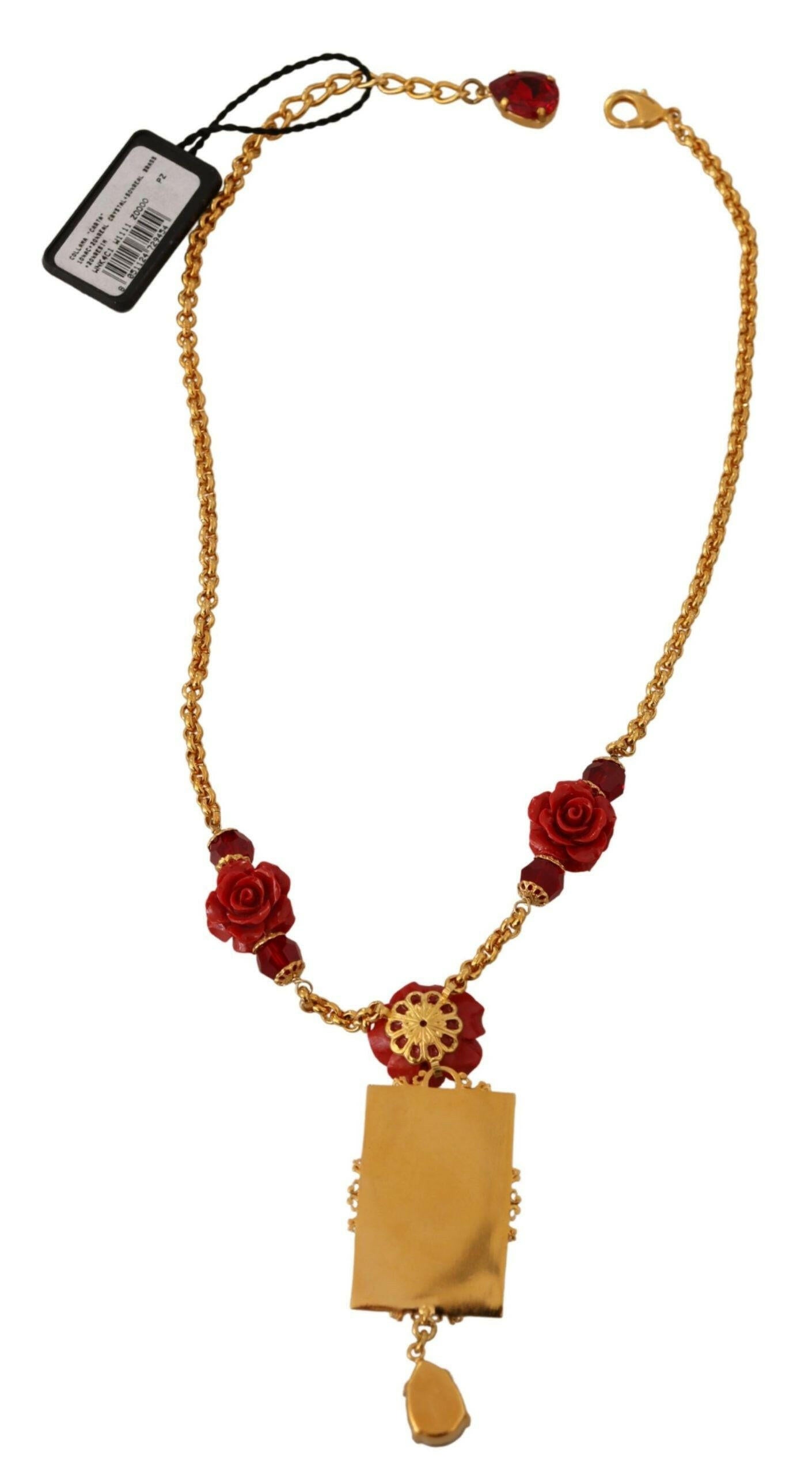 Dolce & Gabbana Gold Brass Flower Card Deck Crystal Pendant Necklace - GENUINE AUTHENTIC BRAND LLC  