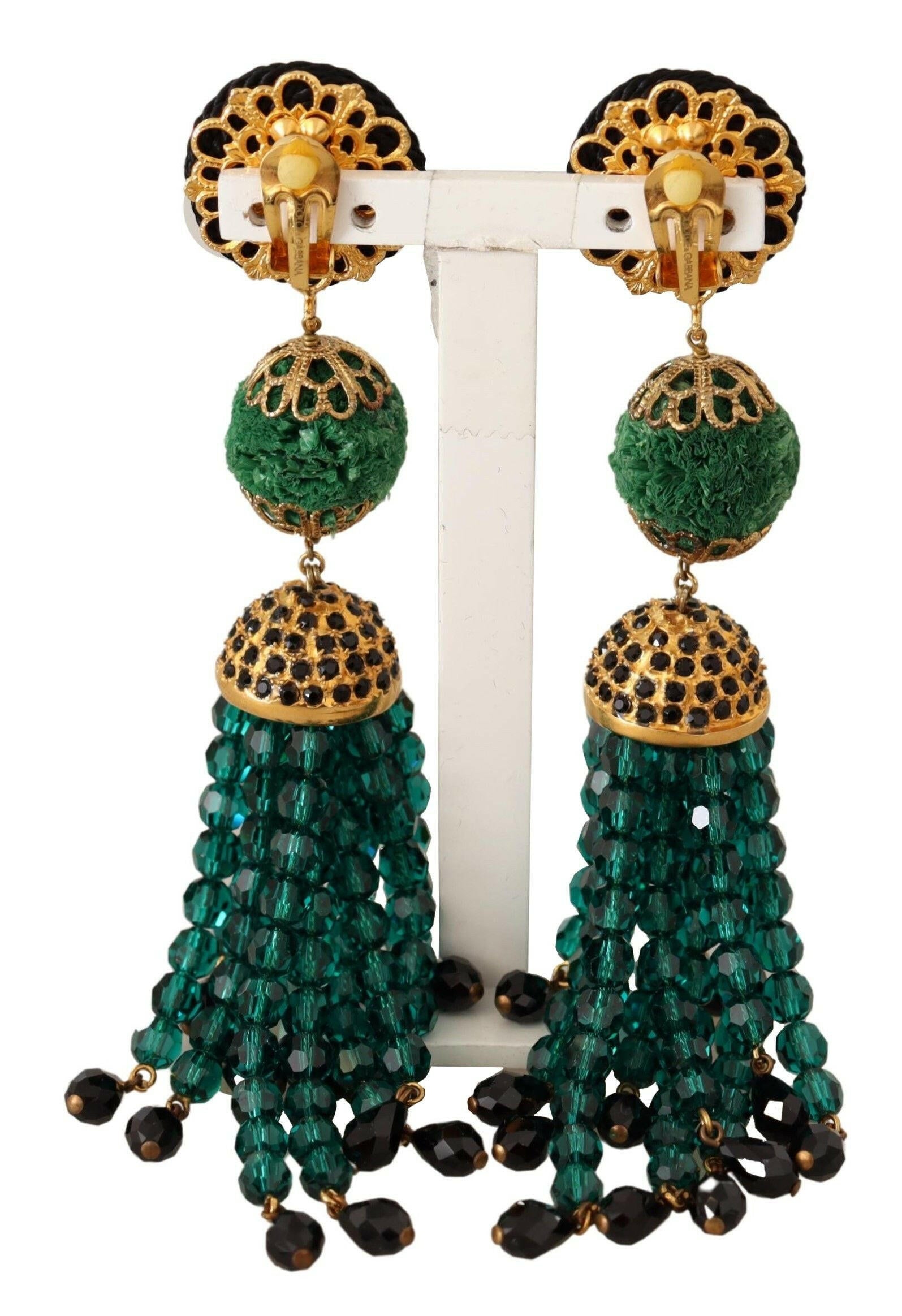 Dolce & Gabbana Green Crystals Gold Tone Drop Clip-on Dangle Earrings - GENUINE AUTHENTIC BRAND LLC  