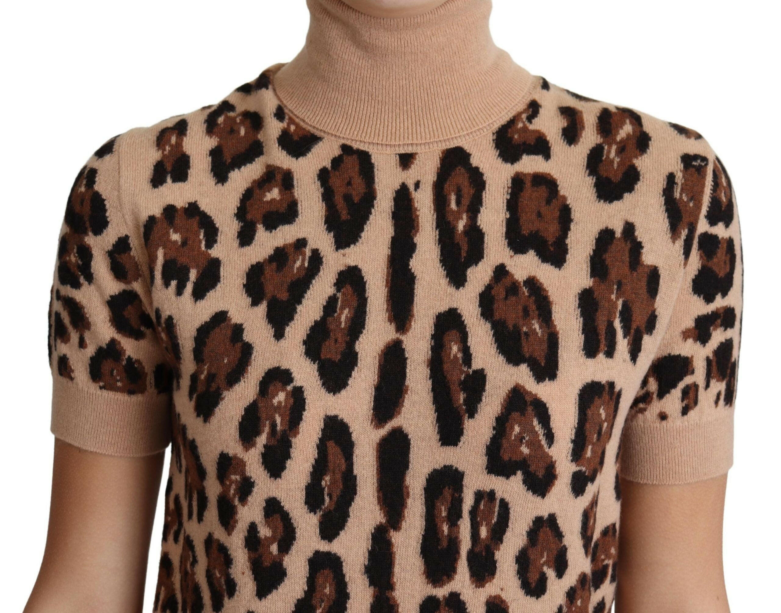 Dolce & Gabbana Beige Leopard Cashmere Print Turtleneck Top - GENUINE AUTHENTIC BRAND LLC  