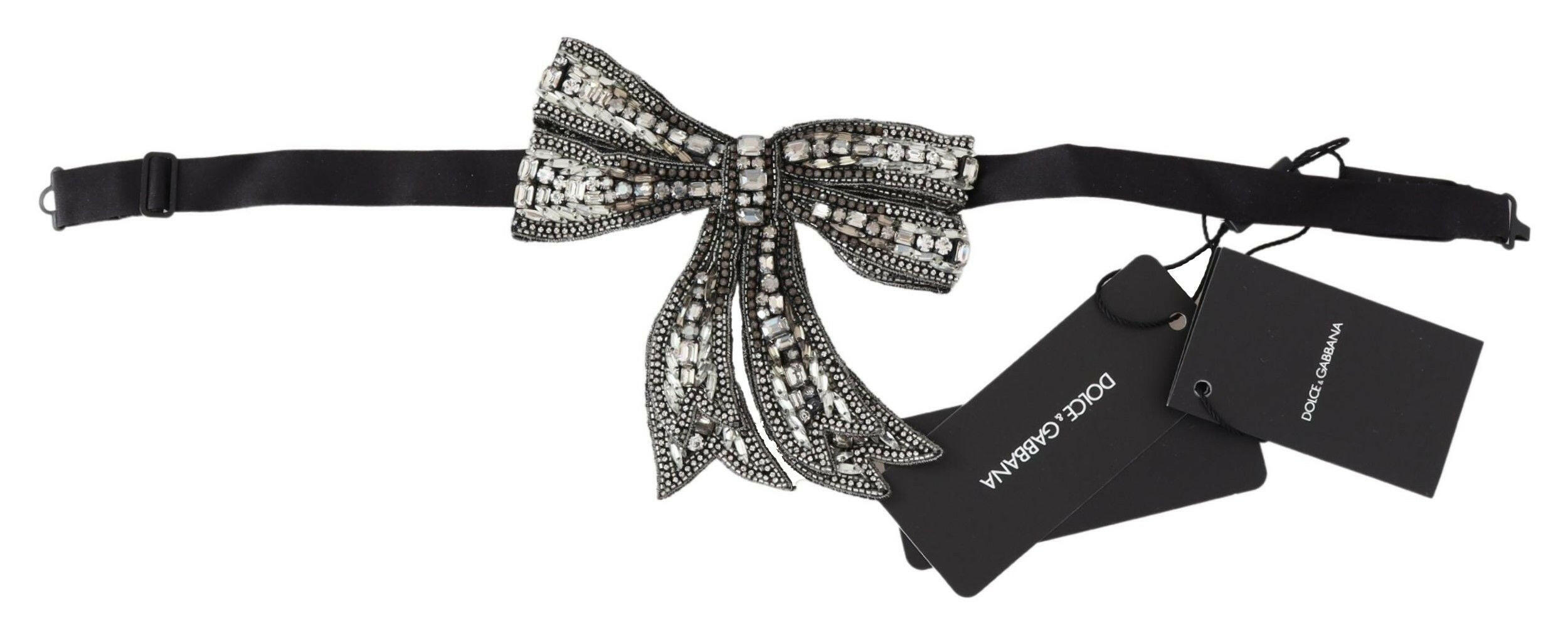 Dolce & Gabbana Silver Crystal Beaded Sequined Silk Catwalk Necklace Bowtie - GENUINE AUTHENTIC BRAND LLC  