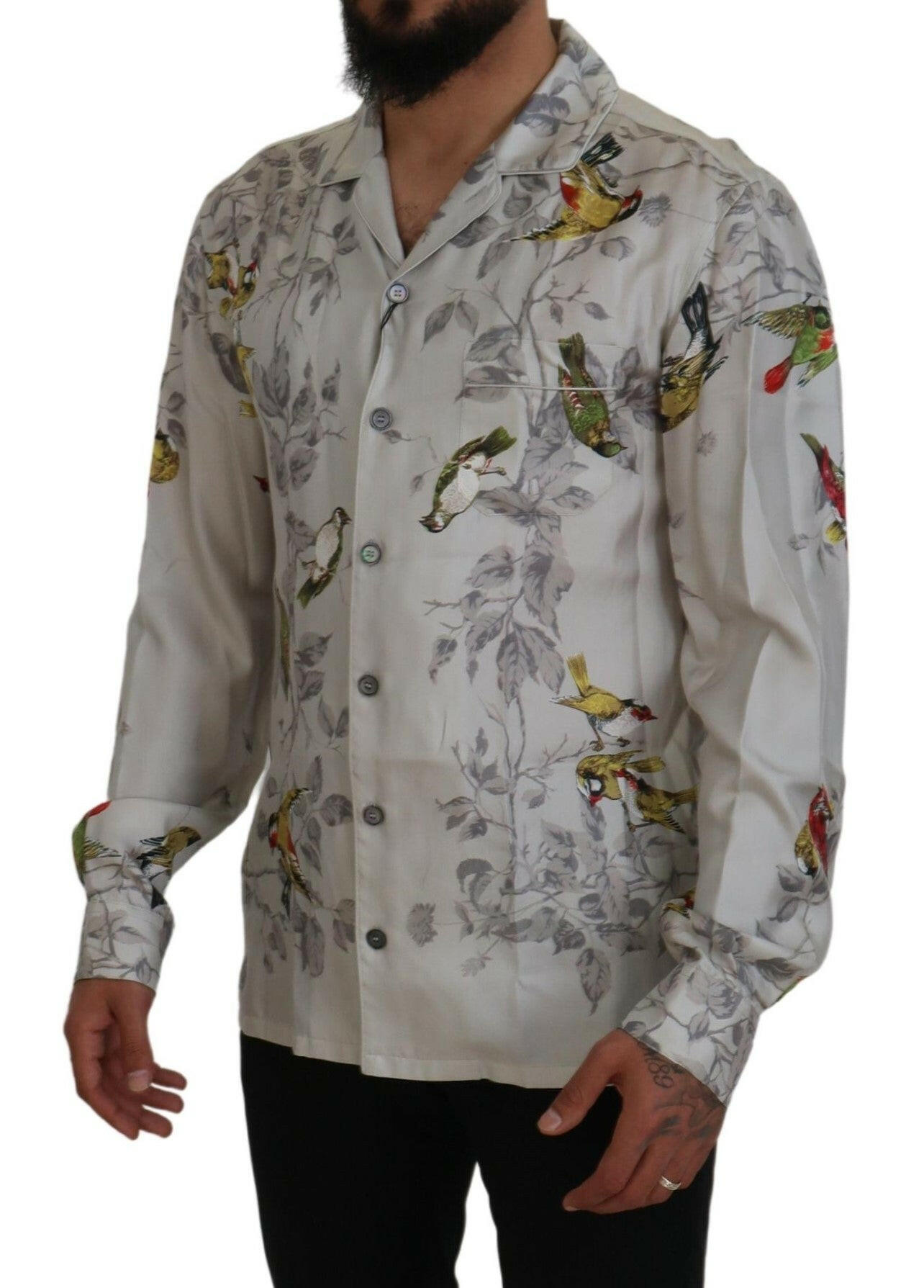 Dolce & Gabbana White Bird Print Silk Satin Casual Shirt - GENUINE AUTHENTIC BRAND LLC  