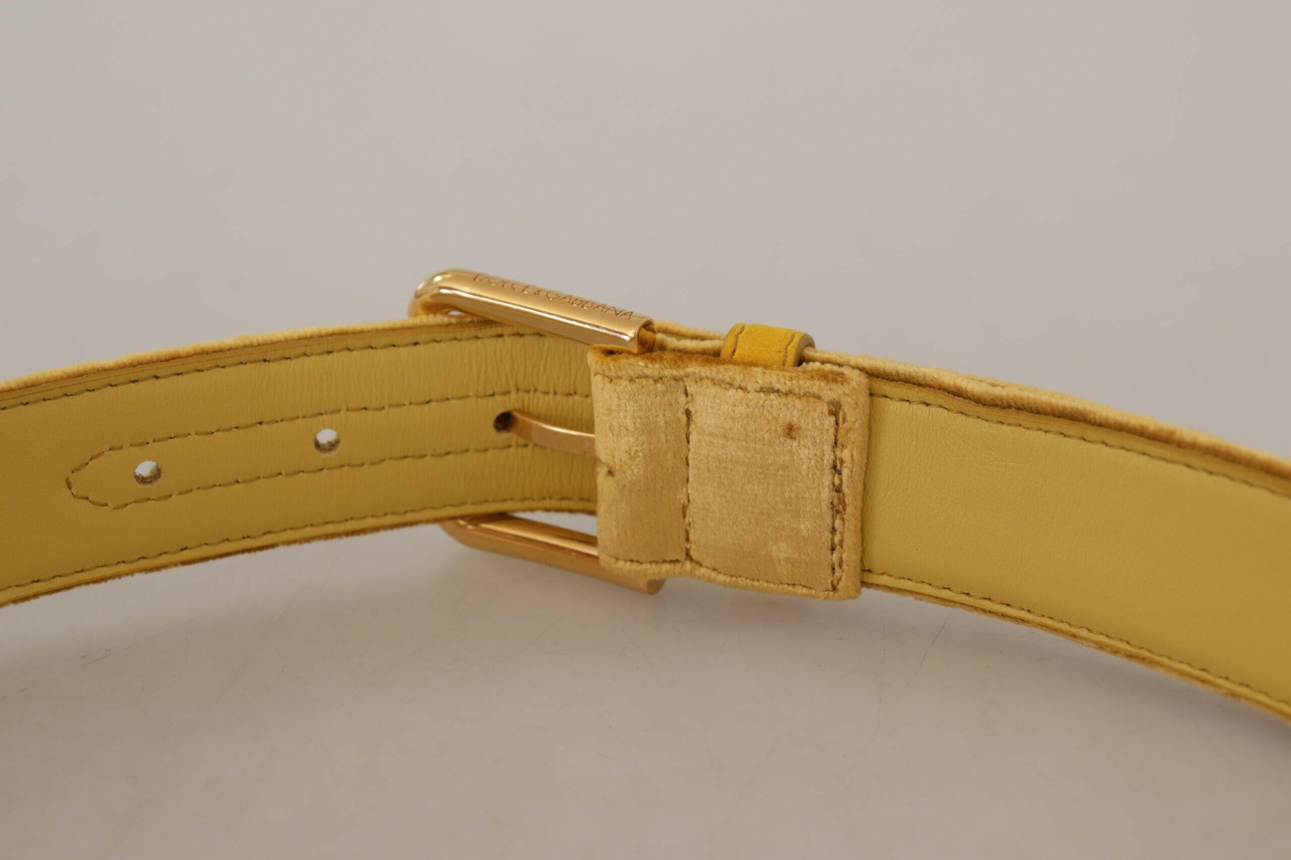 Dolce & Gabbana Yellow Velvet Gold Metal Logo Engraved Buckle Belt - GENUINE AUTHENTIC BRAND LLC  