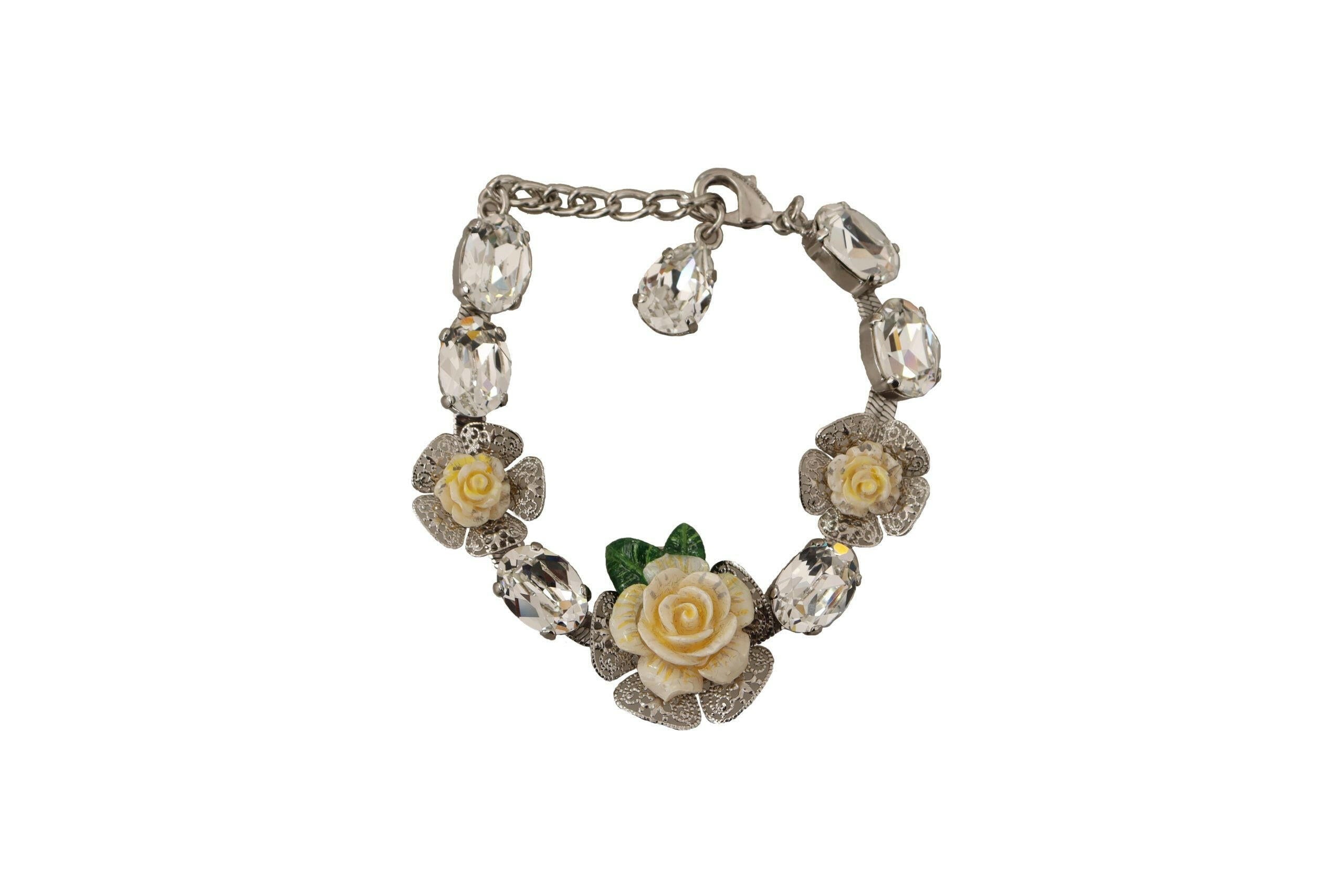 Dolce & Gabbana Silver Brass Chain Clear Crystal Floral Bracelet - GENUINE AUTHENTIC BRAND LLC  