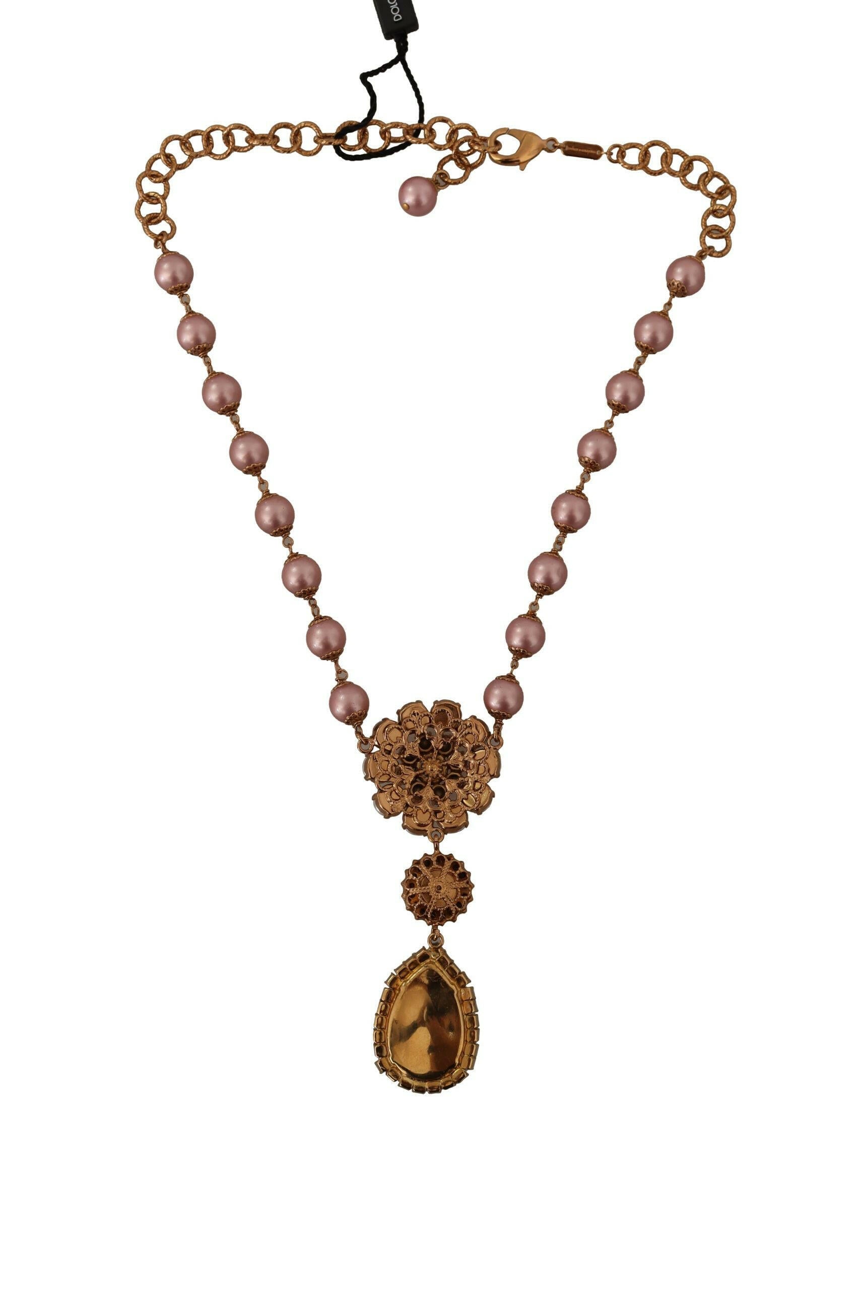 Dolce & Gabbana Gold Tone Brass Pink Beaded Pearls Crystal Pendant Necklace - GENUINE AUTHENTIC BRAND LLC  