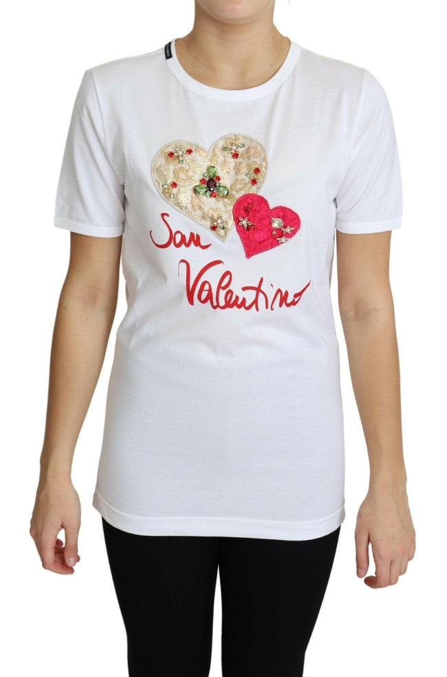 Dolce & Gabbana White San Valentino Heart Crystals T-shirt Top - GENUINE AUTHENTIC BRAND LLC  