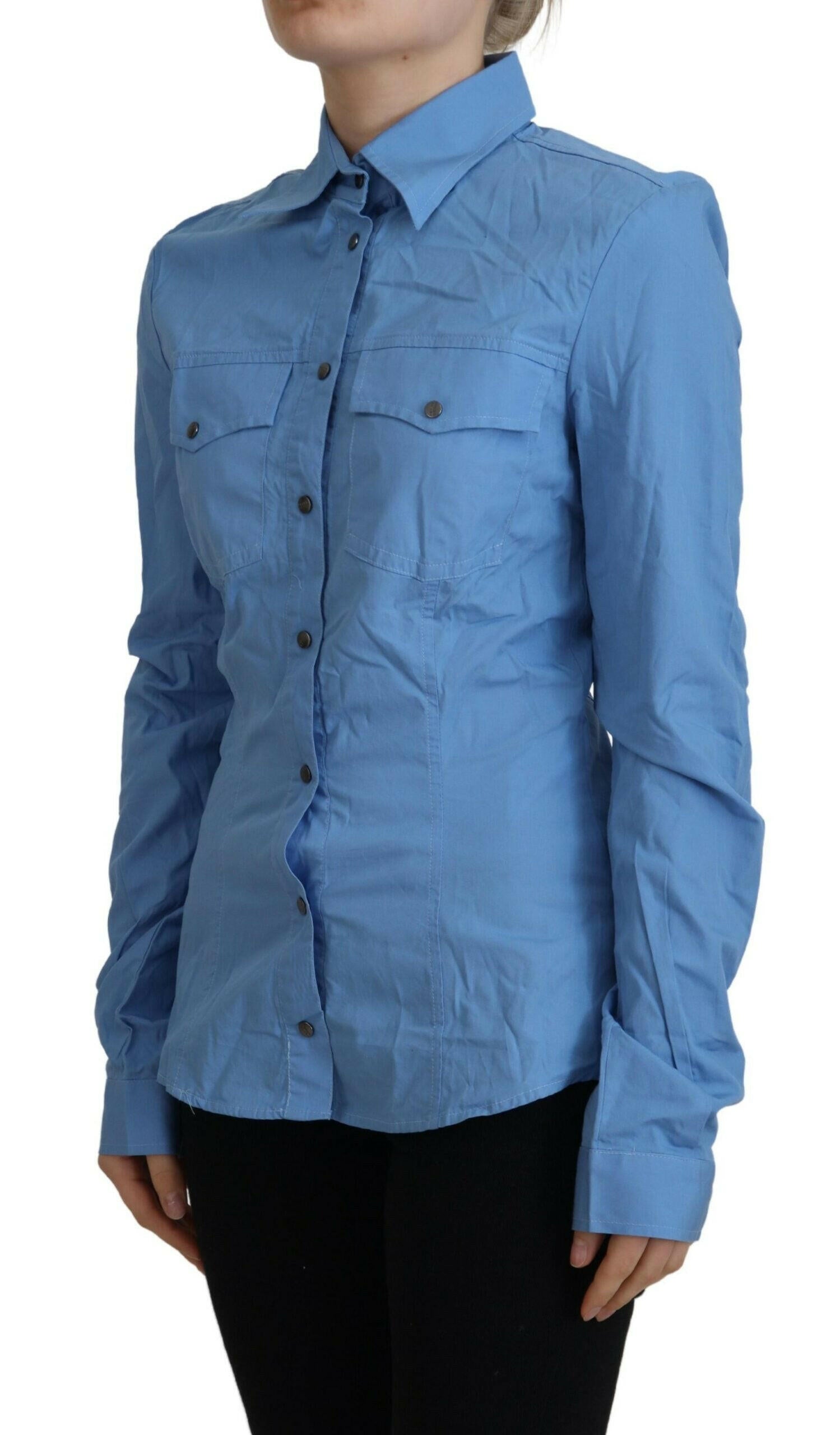 Ferre Blue Cotton Long Sleeves Collared Button Down Top - GENUINE AUTHENTIC BRAND LLC  