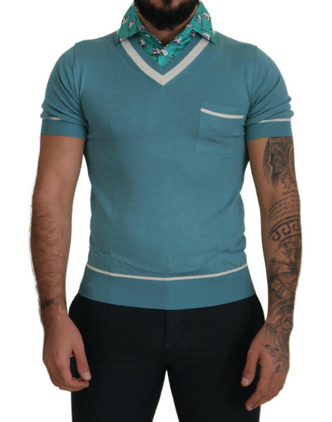 Dolce & Gabbana Blue Silk Polo Top Mens V-neck  T-shirt - GENUINE AUTHENTIC BRAND LLC  
