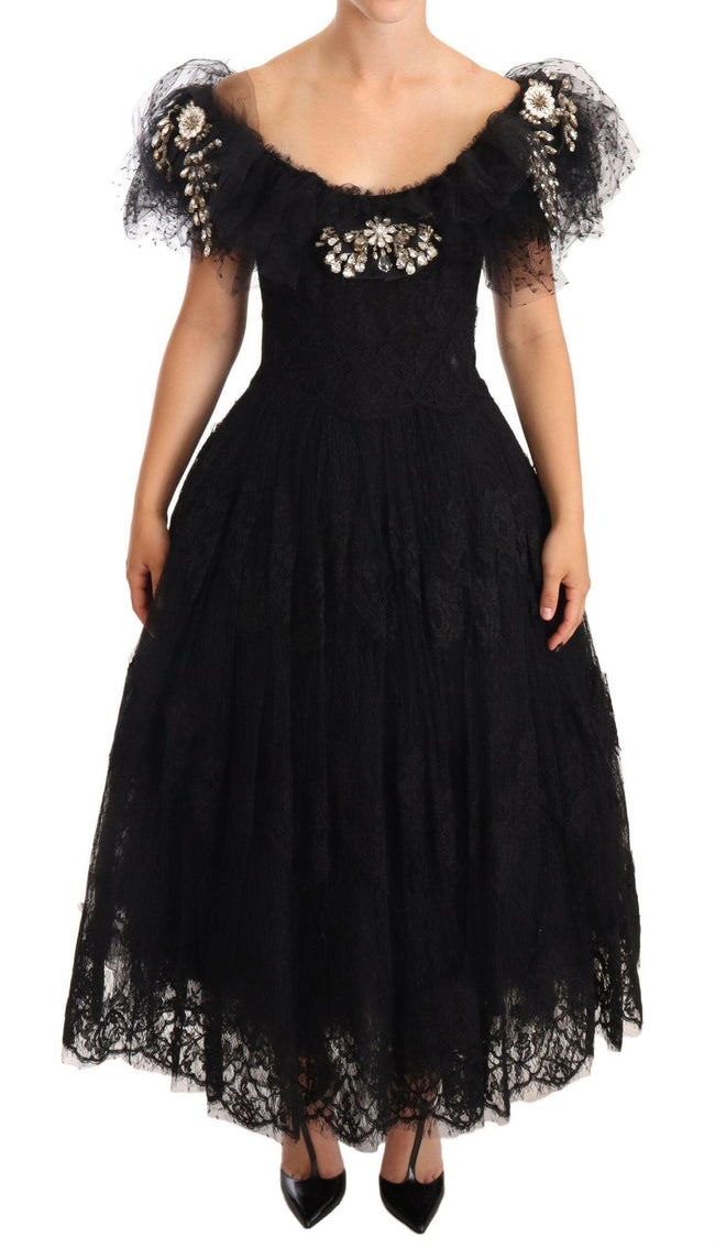 Dolce & Gabbana Black Floral Lace Crystal Ball Gown Dress - GENUINE AUTHENTIC BRAND LLC  