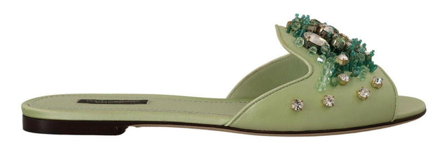 Dolce & Gabbana Green Leather Crystals Slides Women Flats Shoes - GENUINE AUTHENTIC BRAND LLC  