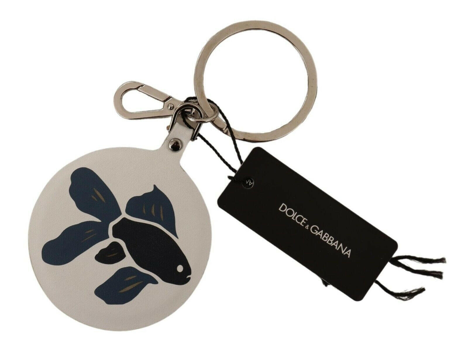 Dolce & Gabbana White Leather Fish Metal Silver Tone Keyring Keychain - GENUINE AUTHENTIC BRAND LLC  