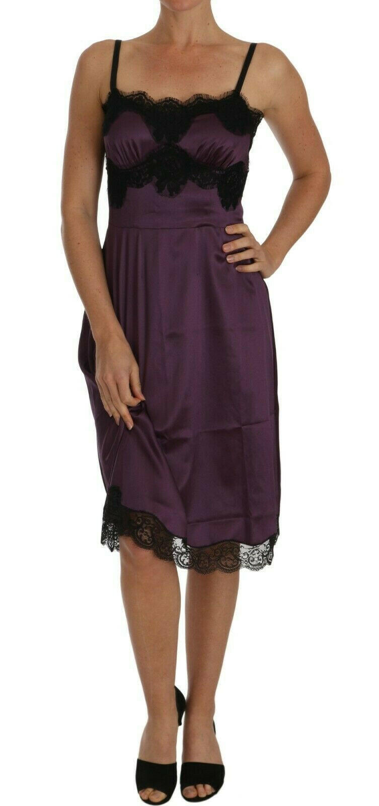 Dolce & Gabbana Purple Silk Stretch Black Lace A-Line Dress - GENUINE AUTHENTIC BRAND LLC  