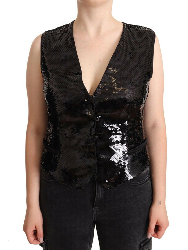 Dolce & Gabbana Black Sequin V-Neck Sleeveless Vest Tank Top - GENUINE AUTHENTIC BRAND LLC  