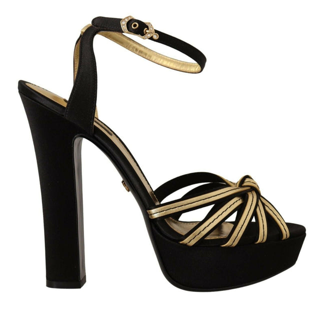 Dolce & Gabbana Black Gold Viscose Ankle Strap Heels Sandals Shoes - GENUINE AUTHENTIC BRAND LLC  