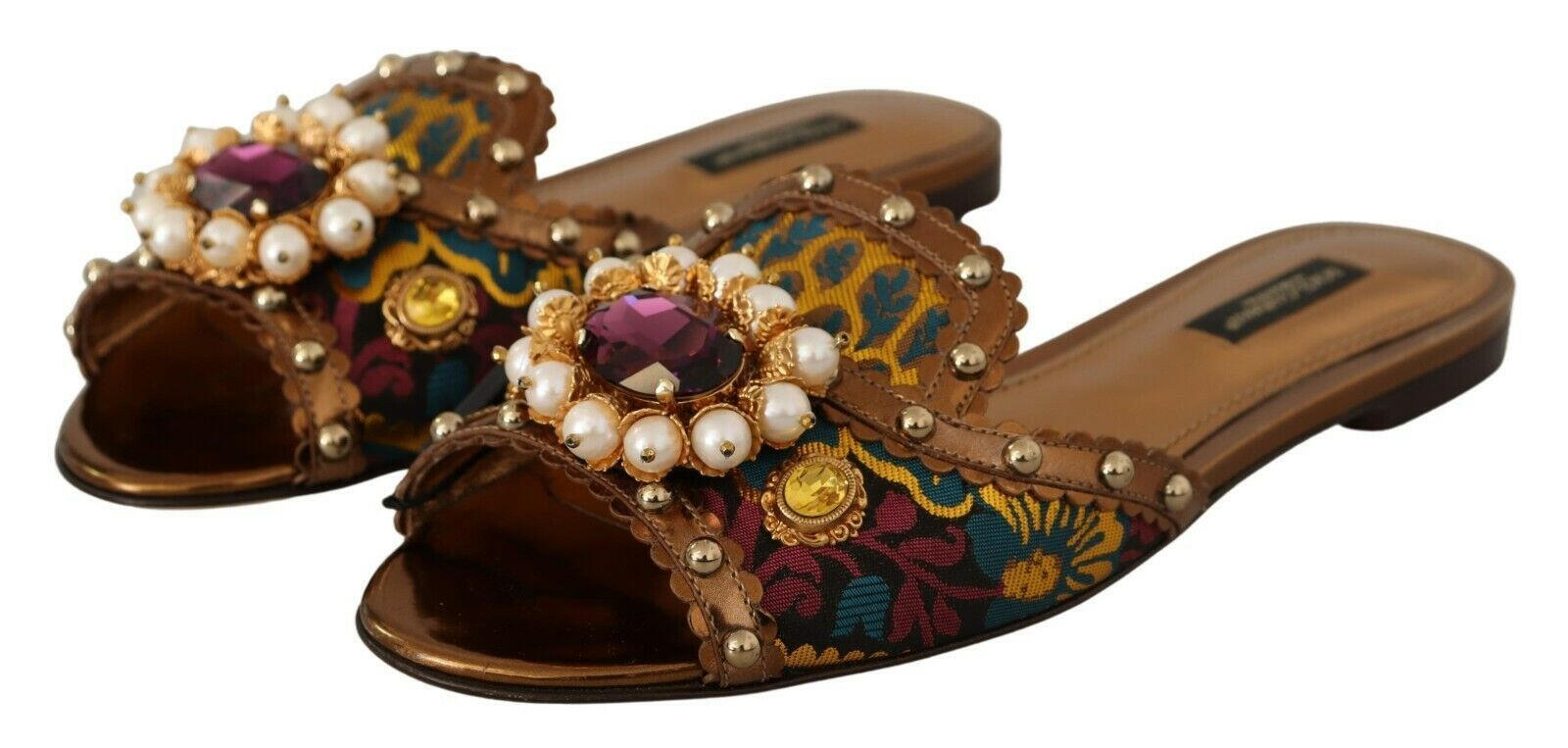 Dolce & Gabbana Multicolor Floral Embellished Slides Flats Shoes - GENUINE AUTHENTIC BRAND LLC  
