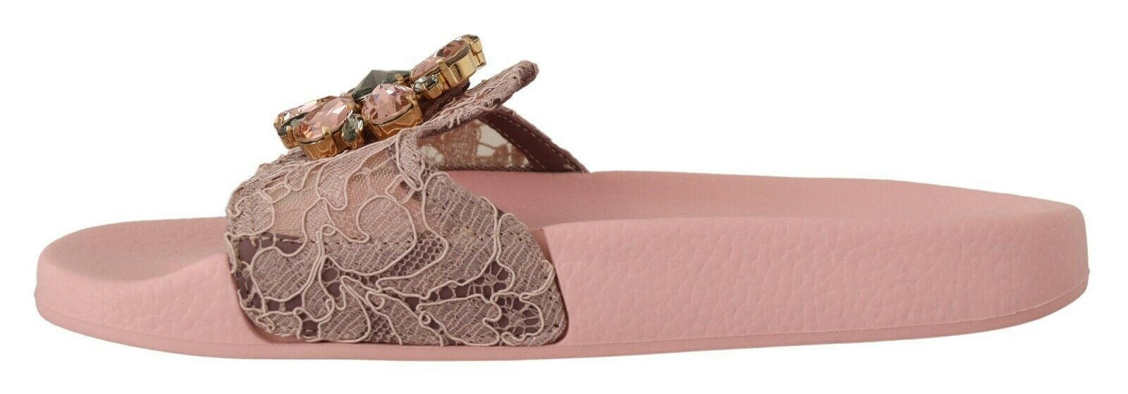 Dolce & Gabbana Pink Lace Crystal Sandals Slides Beach Shoes - GENUINE AUTHENTIC BRAND LLC  