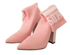 GCDS Pink Suede Logo Socks Block Heel Ankle Boots Shoes - GENUINE AUTHENTIC BRAND LLC  