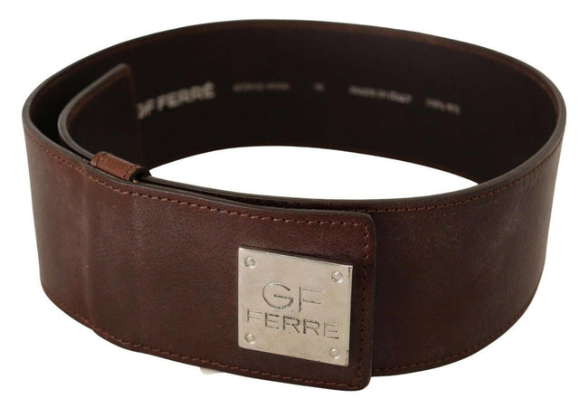GF Ferre Brown Genuine Leather Wide Logo Buckle Waist Belt - GENUINE AUTHENTIC BRAND LLC  