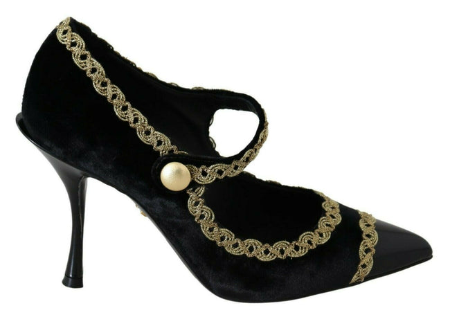 Dolce & Gabbana Black Embellished Velvet Mary Jane Pumps Shoes - GENUINE AUTHENTIC BRAND LLC  