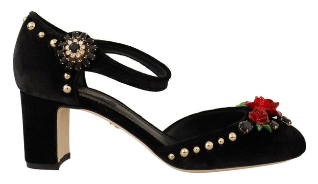 Dolce & Gabbana Black Velvet Roses Ankle Strap Pumps Shoes - GENUINE AUTHENTIC BRAND LLC  