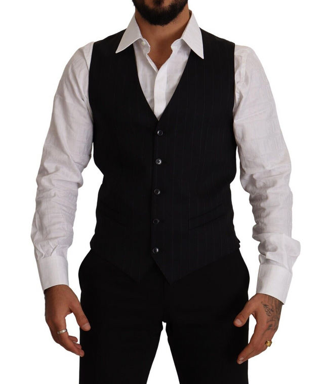 Dolce & Gabbana Blue Striped Wool Stretch Waistcoat Vest - GENUINE AUTHENTIC BRAND LLC  
