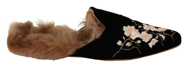 GIA COUTURE Black Velvet Floral Fur Slip On Flats Shoes - GENUINE AUTHENTIC BRAND LLC  
