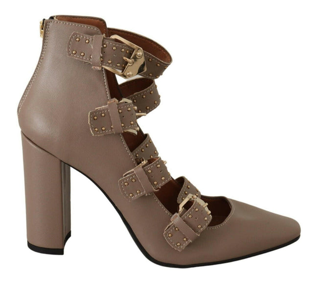 MY TWIN Brown Leather Block Heels Multi Buckle Pumps Shoes - GENUINE AUTHENTIC BRAND LLC  