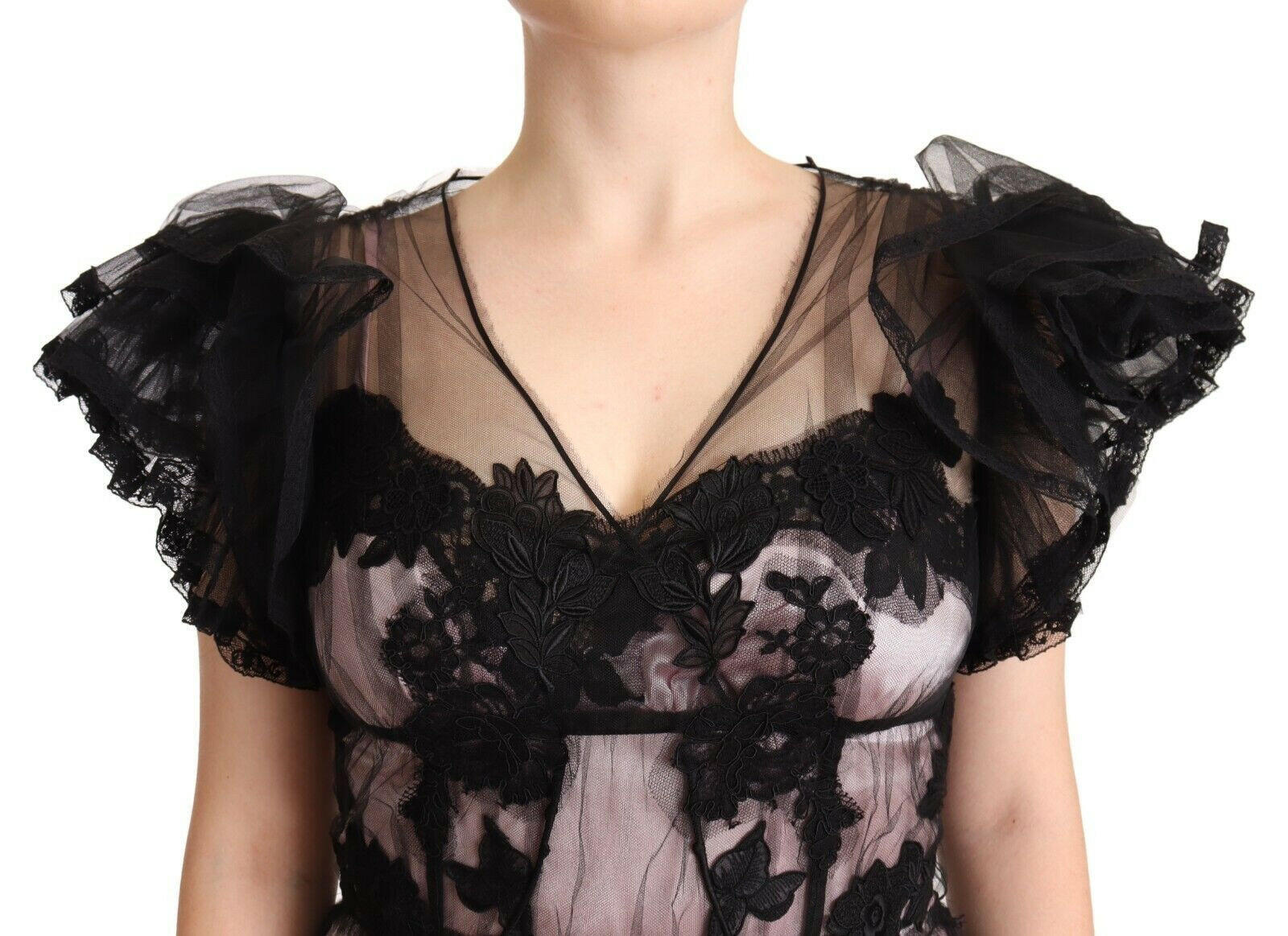 Dolce & Gabbana Black Pink Floral Lace A-line Midi Sheer Dress - GENUINE AUTHENTIC BRAND LLC  