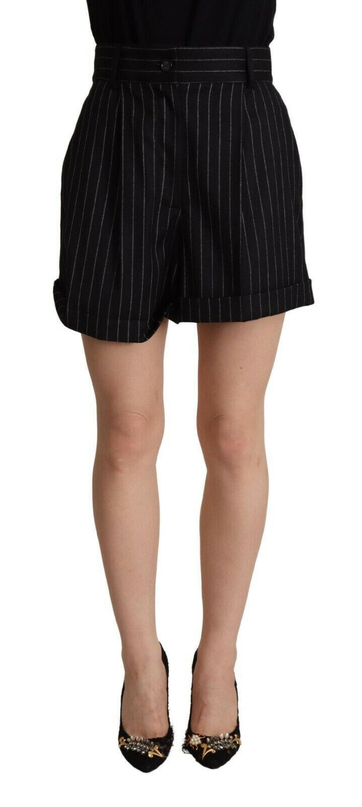 Dolce & Gabbana Black Stripes Wool High Waist Trouser Bermuda Shorts - GENUINE AUTHENTIC BRAND LLC  