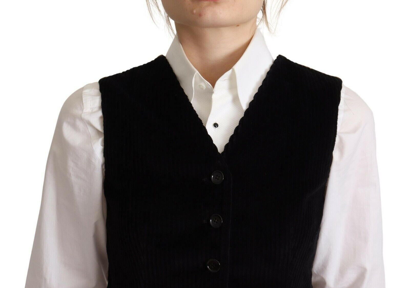 Dolce & Gabbana Black V-neck Leopard Corduroy Button Vest Top - GENUINE AUTHENTIC BRAND LLC  