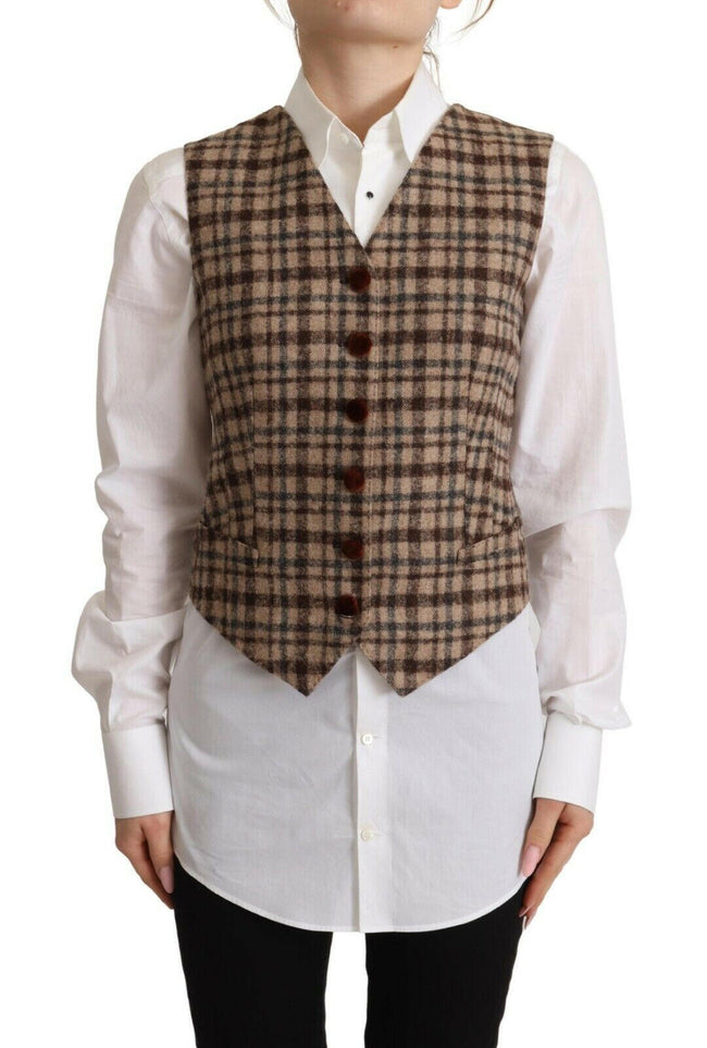 Dolce & Gabbana Brown Checkered Leopard V-neck Sleeveless Vest Top - GENUINE AUTHENTIC BRAND LLC  
