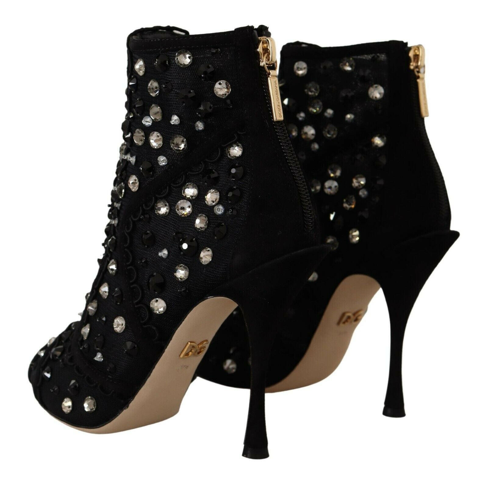 Dolce & Gabbana Black Crystals Heels Zipper Short Boots Shoes - GENUINE AUTHENTIC BRAND LLC  