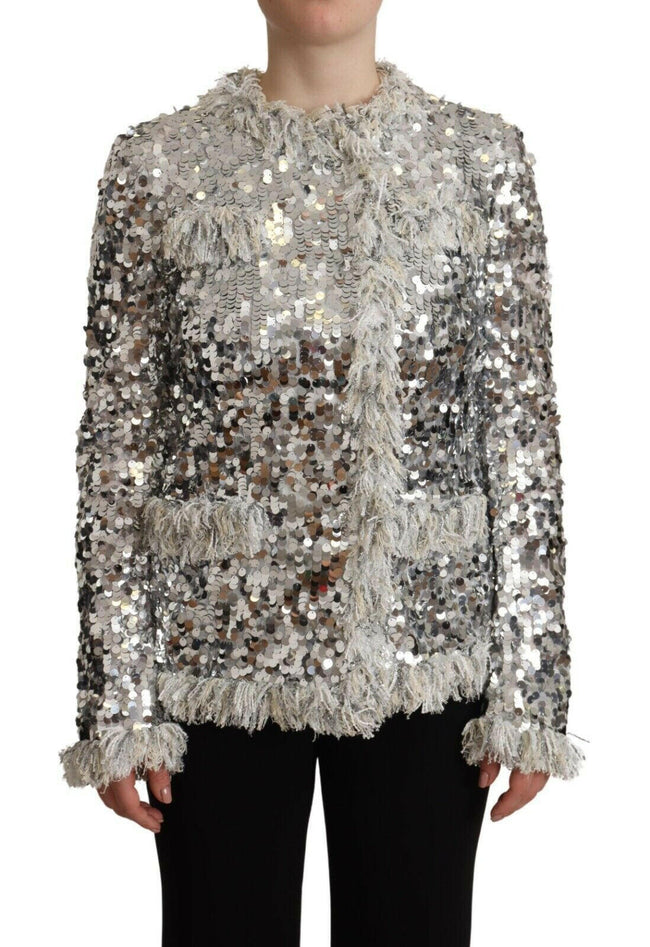 Dolce & Gabbana Silver Sequined Shearling Long Sleeves Jacket - GENUINE AUTHENTIC BRAND LLC  