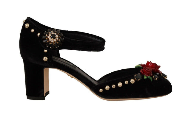 Dolce & Gabbana Black Embellished Ankle Strap Heels Sandals Shoes - GENUINE AUTHENTIC BRAND LLC  
