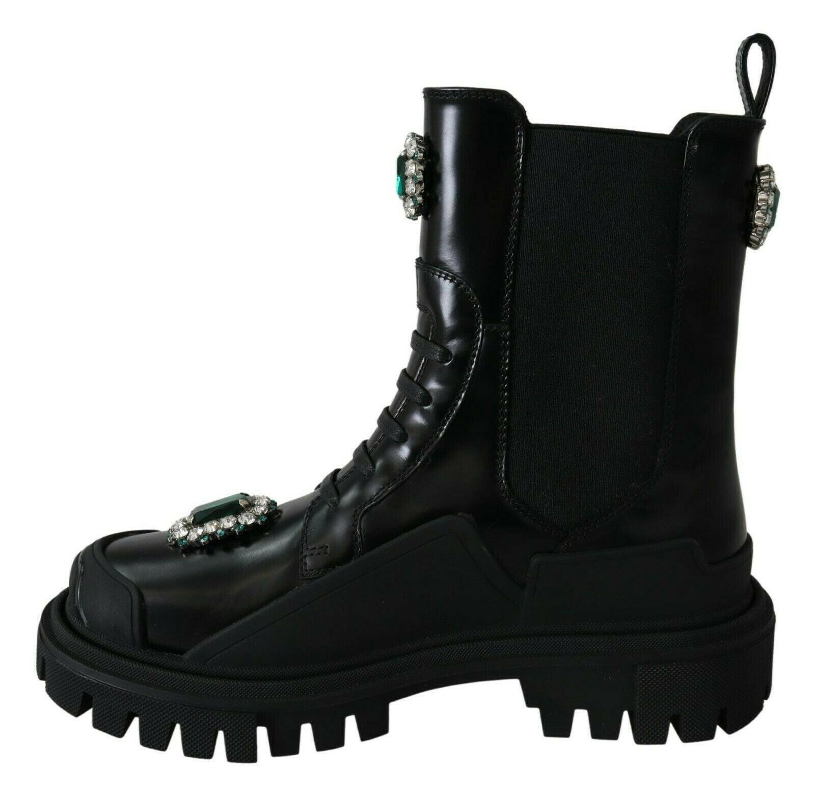 Dolce & Gabbana Black Leather Crystal Combat Boots - GENUINE AUTHENTIC BRAND LLC  